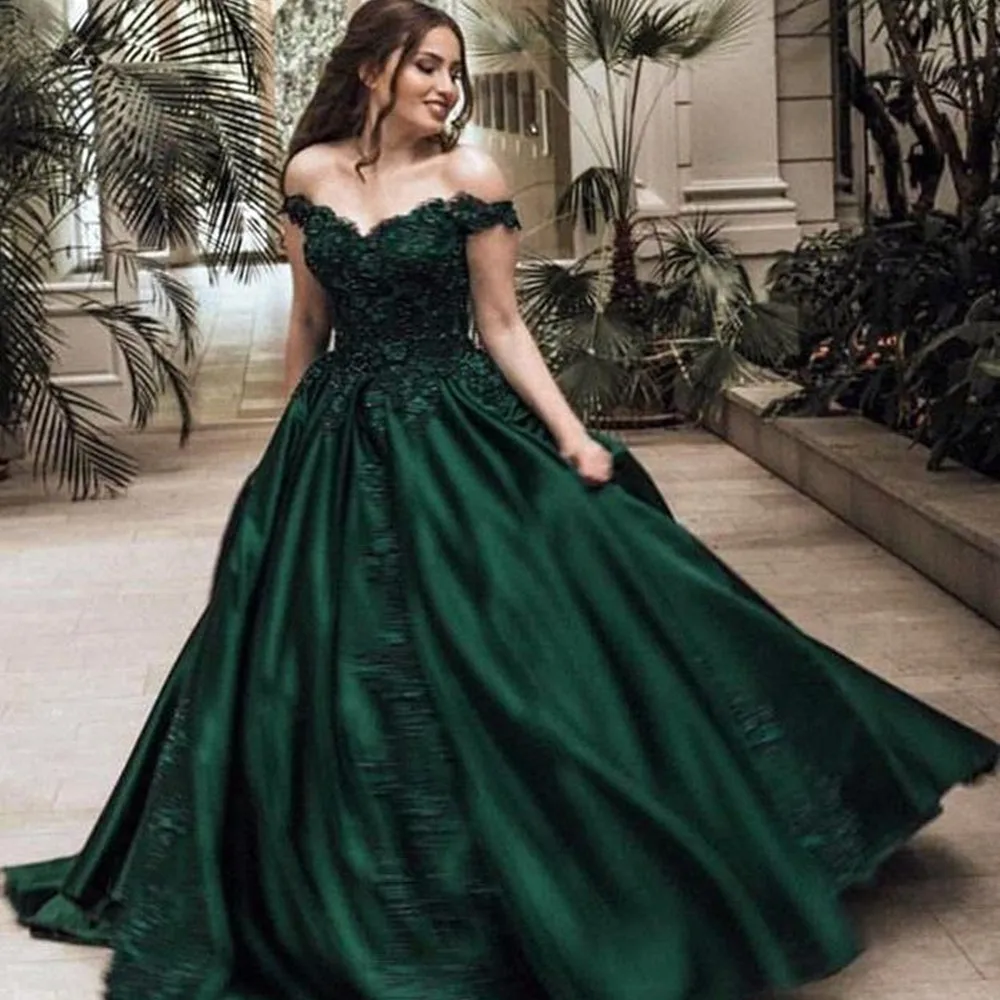 

Plus Size Sexy New Green Ball Gown Dark Quinceanera Dresses Crystals Off Shoulder Floor Length Dresses Prom Dresses vestidos de