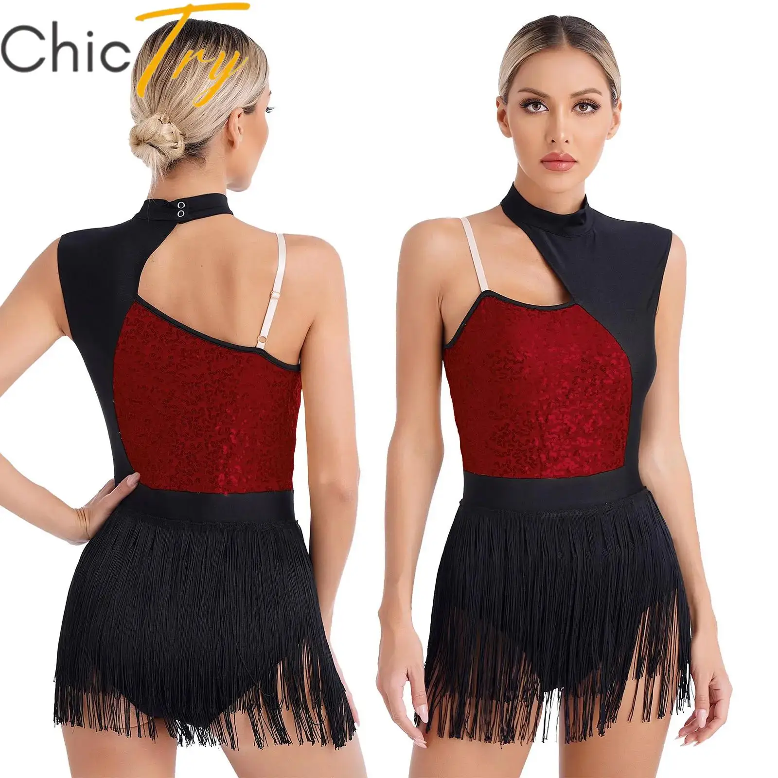 

Women's Latin Dance Dress Tango Salsa Samba Leotard Halter Tassel Fringes Gymnastics Ballerina Dress Jazz Dancing Performance