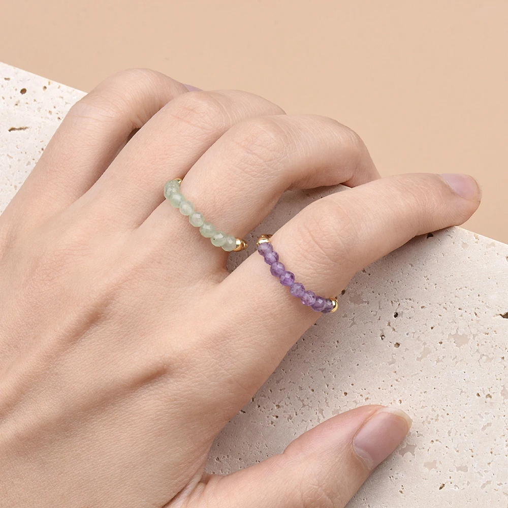 3MM Natural Stone Yellow Opal Moonstone Lapis Faceted Beads Round Beads Brass Stretchable Rings Fashion Jewelry For Women Gift
