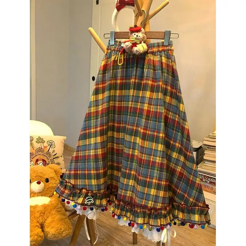 Rainbow candy bean plaid retro salt series colorful plaid pleated skirt autumn and winter half lace cute skirt