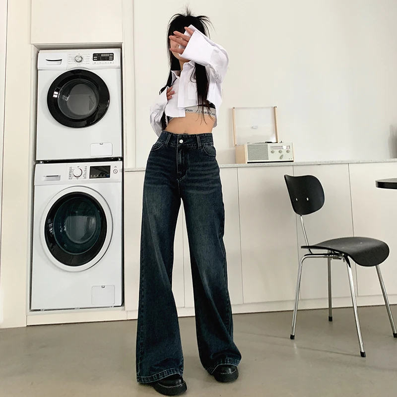 American Retro Micro Flared Jeans Women New Streetwear High Waist Loose Wide Leg Pants Fashion Straight Baggy Trousers