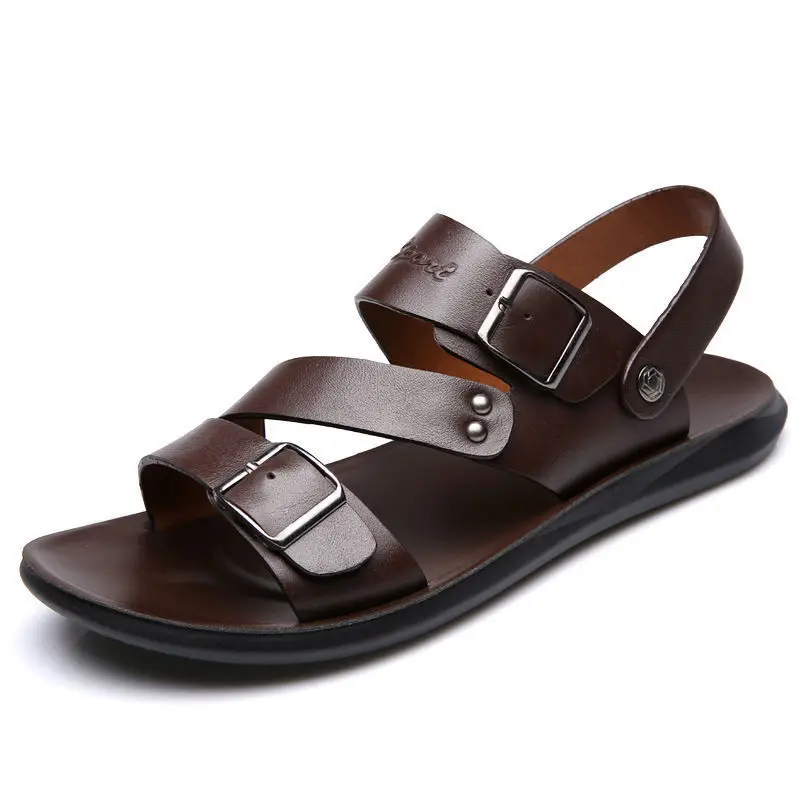 

Fashion Men's Sandals Double Buckle Summer Men's Beach Shoes Outdoor Men's Leather Sandals Male Shoes Slippers Large Size 48