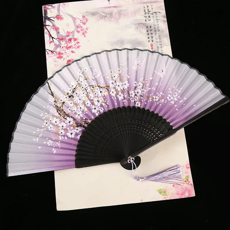 1PC Chinese Style Folding Fan Bamboo Shank Handheld Fan Elegant Female Flower Pattern Folding Fans Wedding Party Decoration