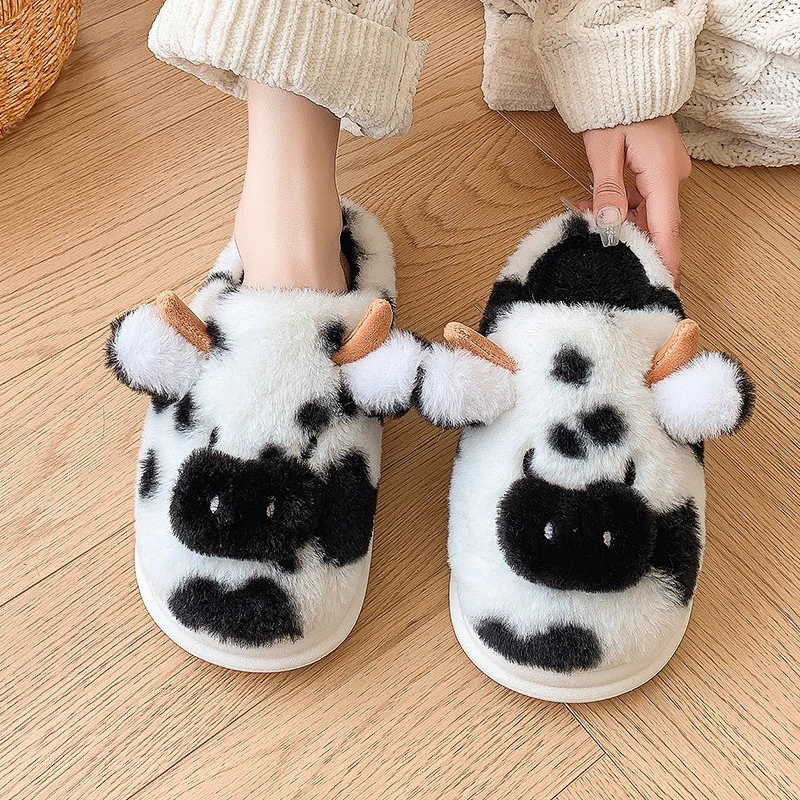 Women Slippers Platform Slippers Warm Slippers Fluffy Slippers Women Home Cow Cartoon Designer Winter Shoes Girls Indoor Cotton Casual Plush Platform Footwear Large Size Warm