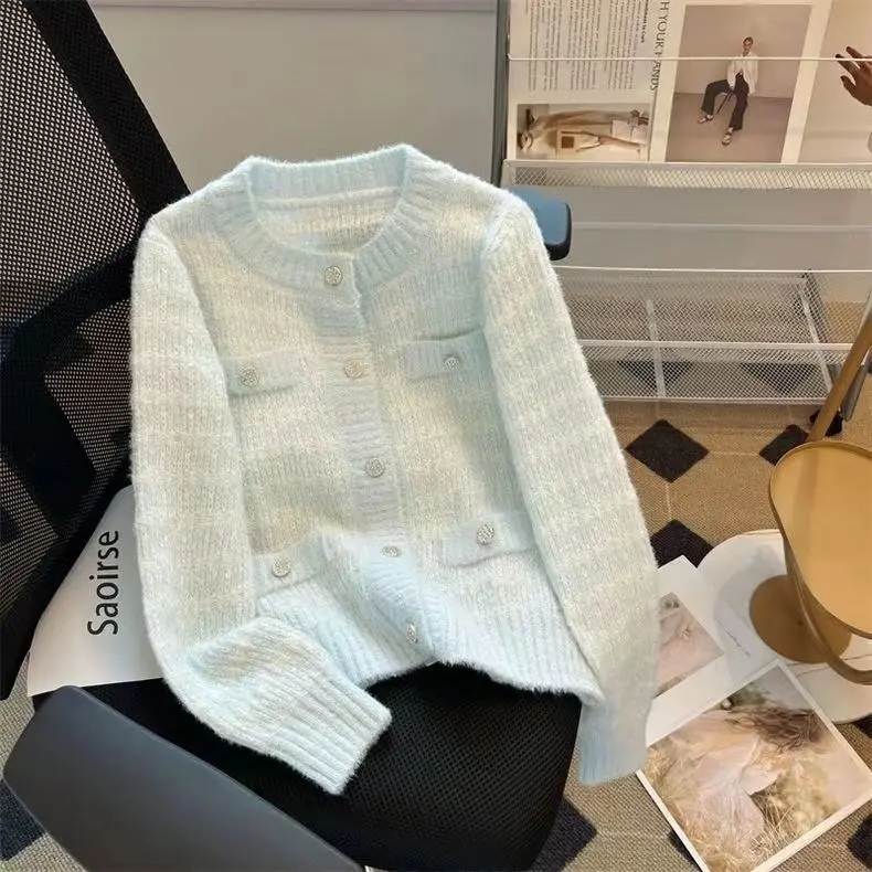 

Женский короткий свитер с длинным рукавом, трикотажный кардиган с круглым вырезом, Z453, Осень-зима 2024