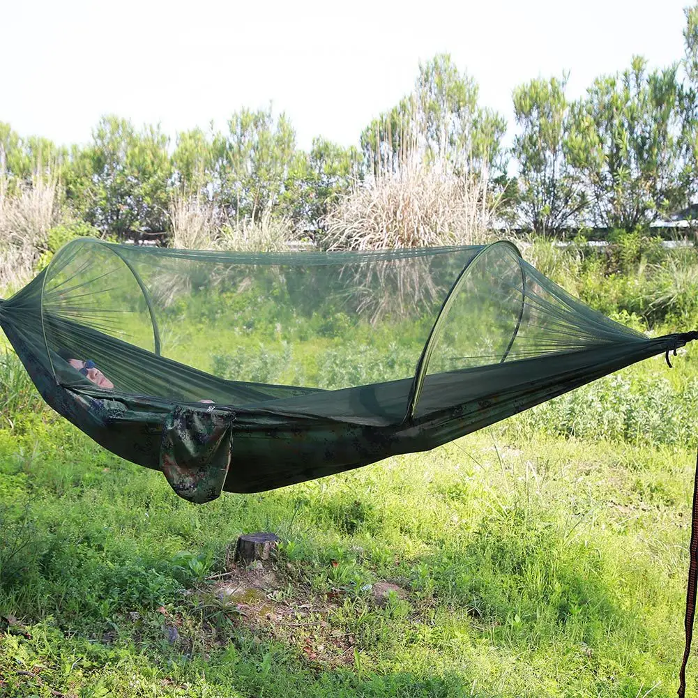 290×140cm outdoor single/double nylon camping mosquito-proof hammock, automatic quick-open hammock with mosquito net
