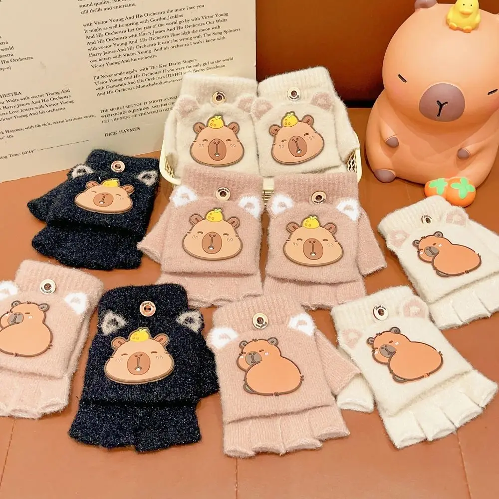 New 6-10 Years Old Half Finger Gloves Cute Capybara Thickened Kids Knitted Mitten Cold-Proof Elastic Writing Gloves Outdoor