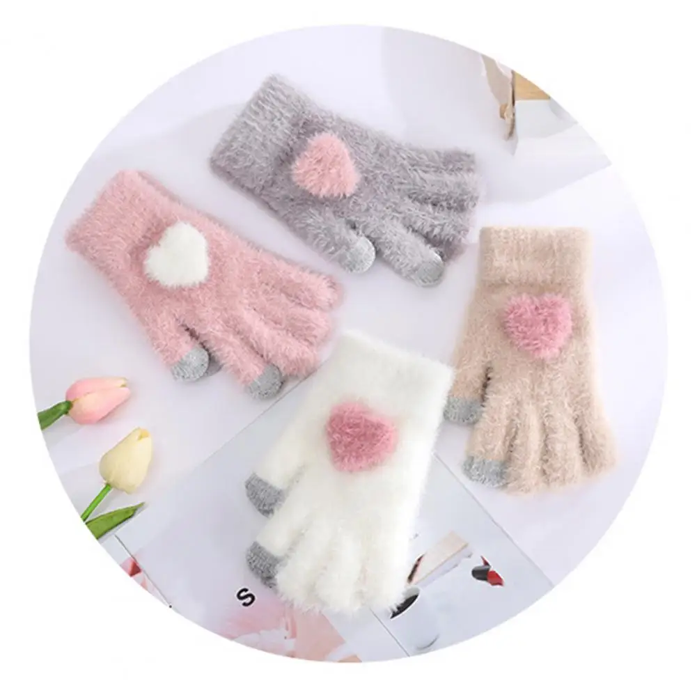 

Winter Thick Gloves Plush Knitted Women's Winter Gloves with Anti-slip Warm Cold-proof Five Fingers Soft Elastic Touchscreen