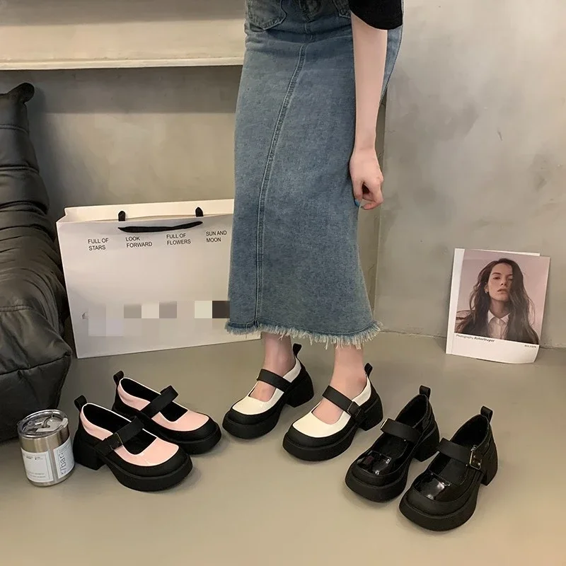 

Маленькие кожаные туфли, на толстом высоком каблуке, на весну и лето, с толстой подошвой, туфли Lefu