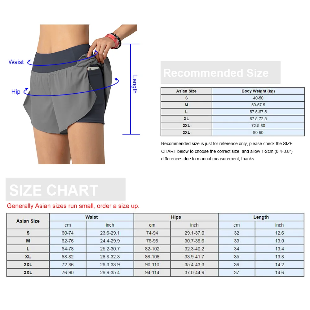 Women Running Shorts 2-in-1 with Pocket Wide Waistband Coverage Layer Liner Lounging Sport Yoga Leggings Gym Home Sportswear