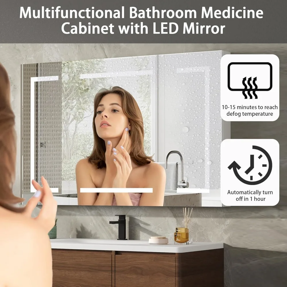 Medicine Cabinet with LED Mirror for Bathroom, 30''x48'' Aluminum, Wall Mounted Surface led Medicine Cabinet, Defog,