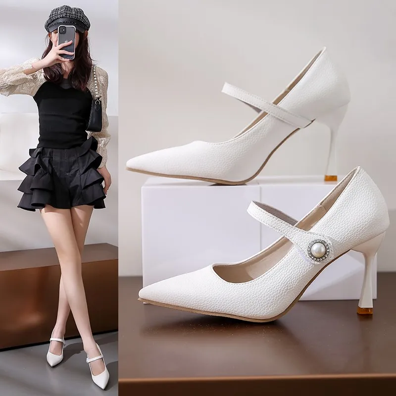 

High Heels Women's Thin Heels with Pearl White Spring New Simple and Elegant Style Celebrity Pointed Single Shoes 2024