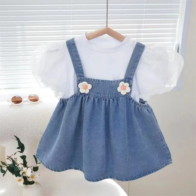 Girls' Short sleeved Summer Set 2024 New Fashionable Girl Baby Summer Cowboy Strap Dress Children's Princess Dress zafille 2020 new newborn infant baby clothing toddler baby girls clothes solid summer dress princess party bandage girls dress