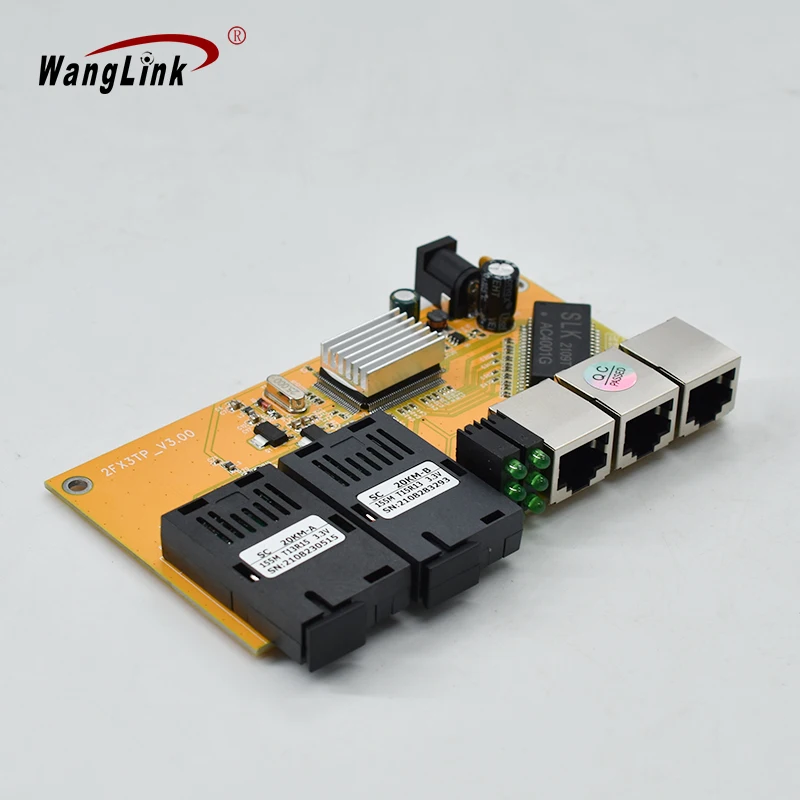 Wanglink Fiber Optic Media Converter PCB 10/100M 3 RJ45 and 2 SC Fiber Optic Media Converter PCBA 16 ch contact closure over fiber optic converter 20km fc media converter