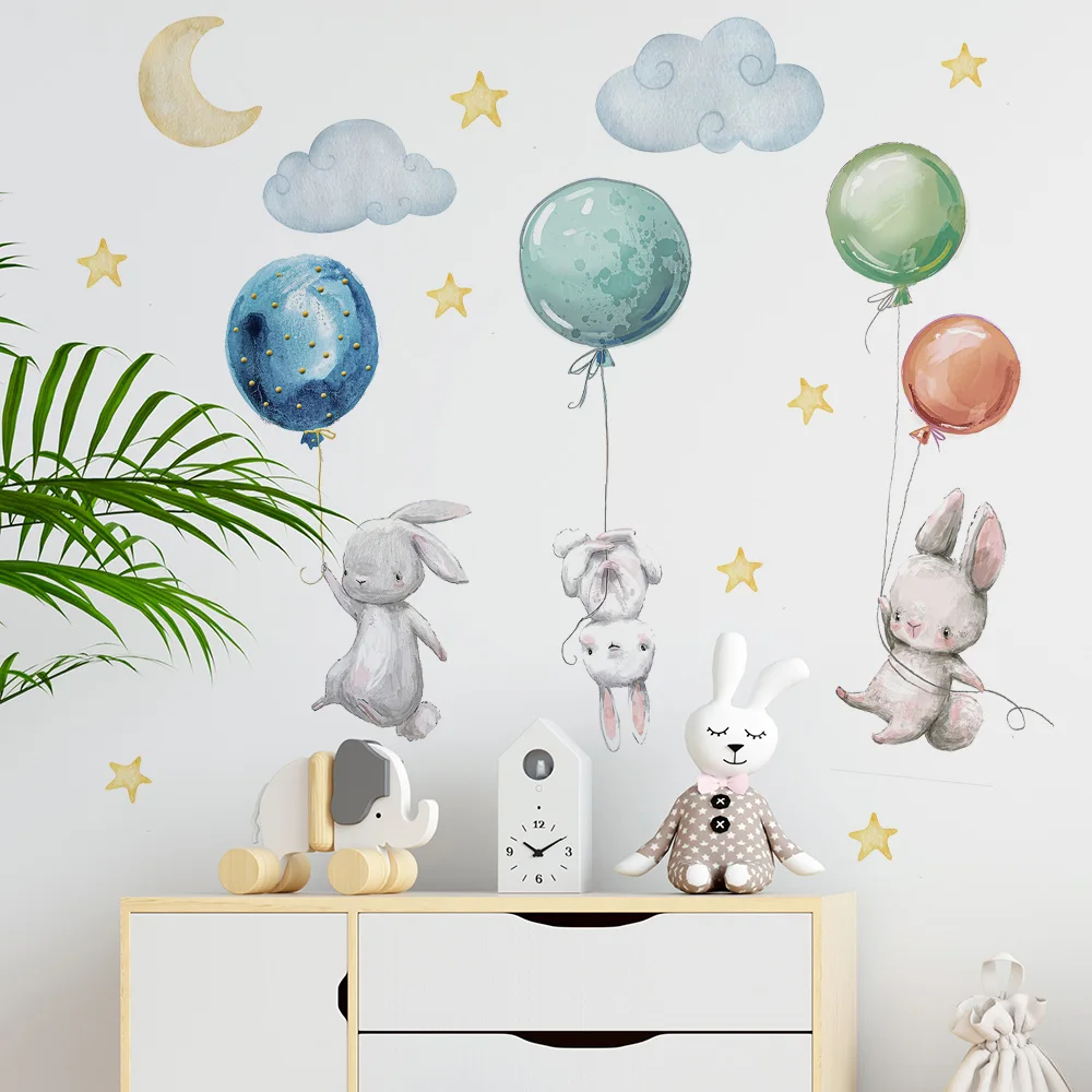Cute Lovely Flying Rabbits Wall Stickers Balloons Moon Star Cloud Removable Decal for Kids Nursery Baby Room Decor Poster Mural Luminous Wall Stickers Vinyl Decal Stickers