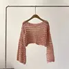 Fishnet Crochet Top Long Sleeve Crop Pullover Women Summer Cover Up Open-knit Blouse Y2K Grunge Outfit 6