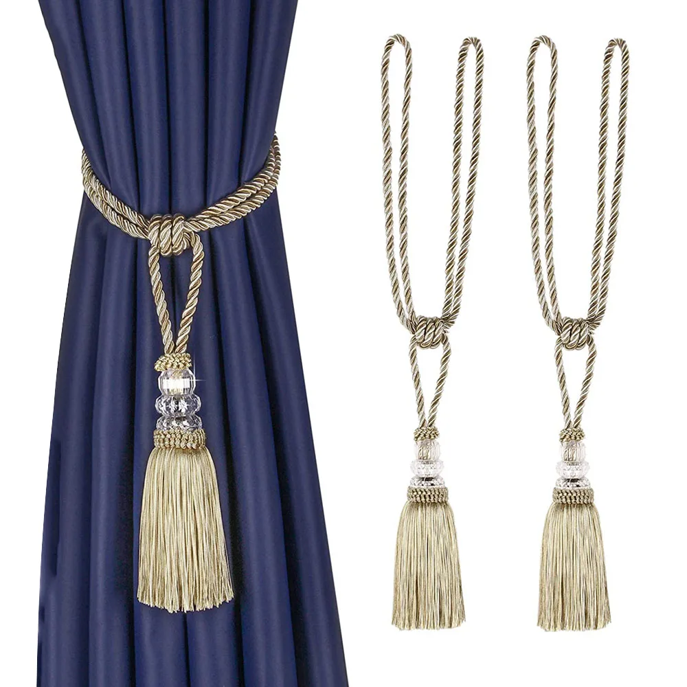 2Pcs Curtain Tieback Tassel Crystal Beaded Hanging Rope Tie Home Decor Gold Curtains Cord Holder Buckle Bandage Room Accessories