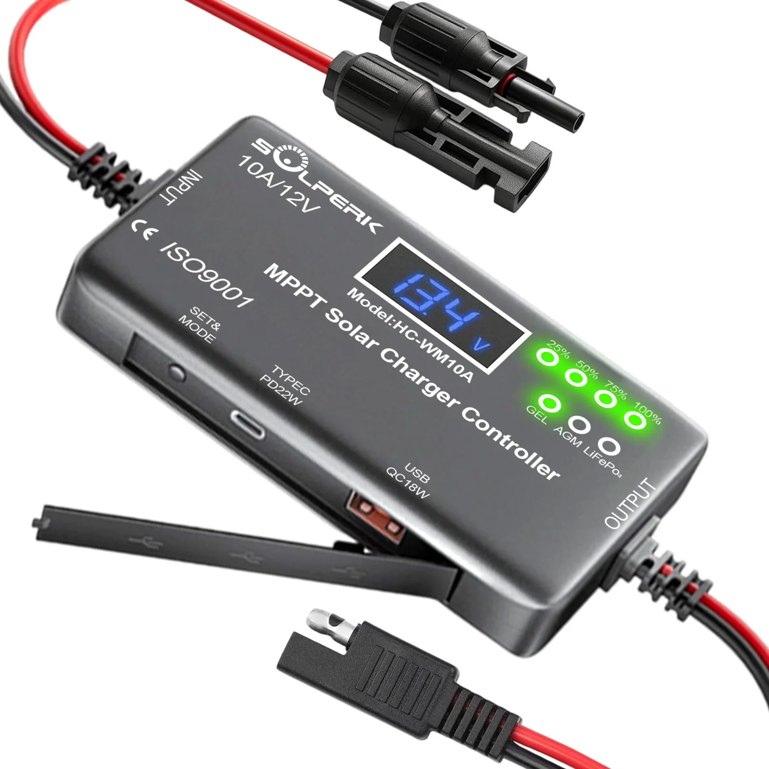 ตัวควบคุมชาร์จโซลาร์เซลล์ 10A 12V MPPT พร้อมจอ LCD