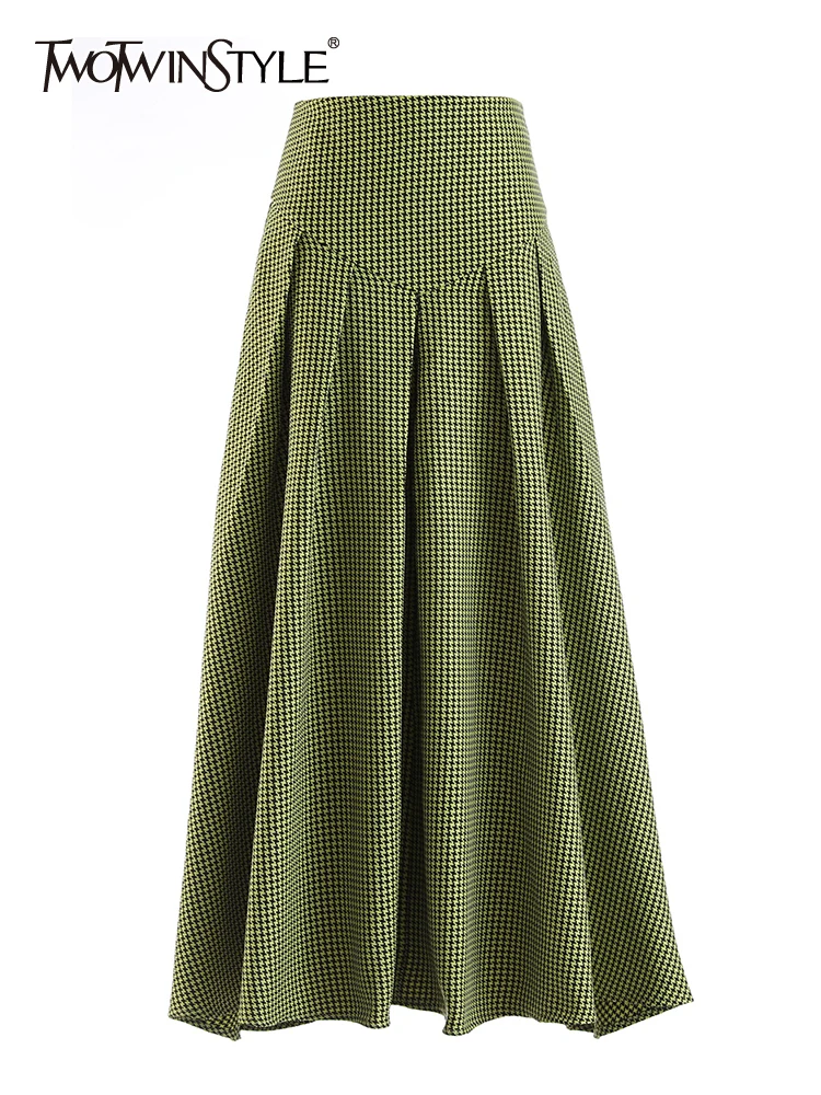 

TWOTWINSTYLE Vintage Plaid Skirt For Women High Waist Patchwork Colorblock Midi Skirts Female Fashion Summer Clothing 2022 Style