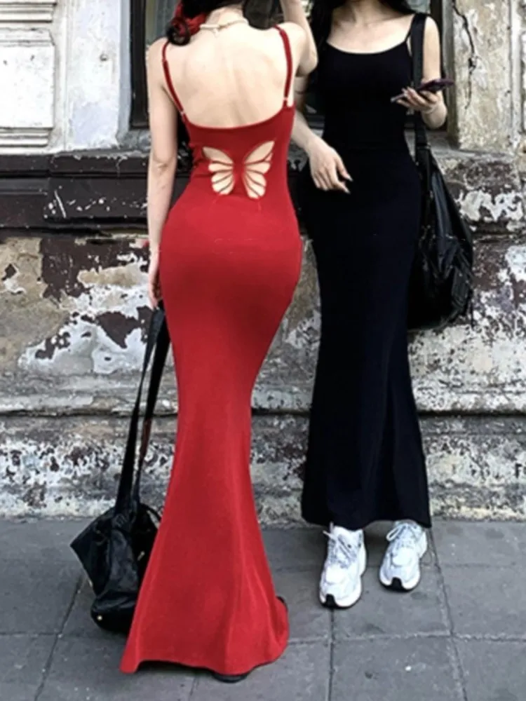 

Sexy Bodycon Spaghetti Strap Long Dresses for Women Summer New Solid Hollow Out Y2K Solid Casual Backless Prom Robe Party Dress