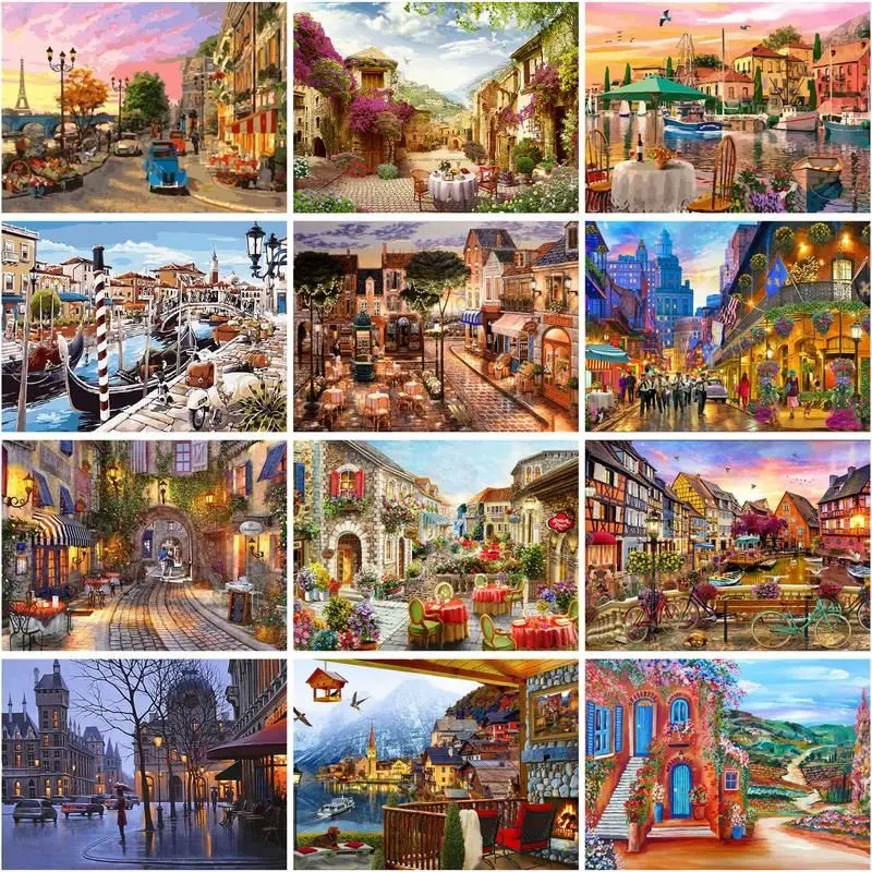 Gatyztory Frame Diy Painting By Number Town Landscape Home Decoration