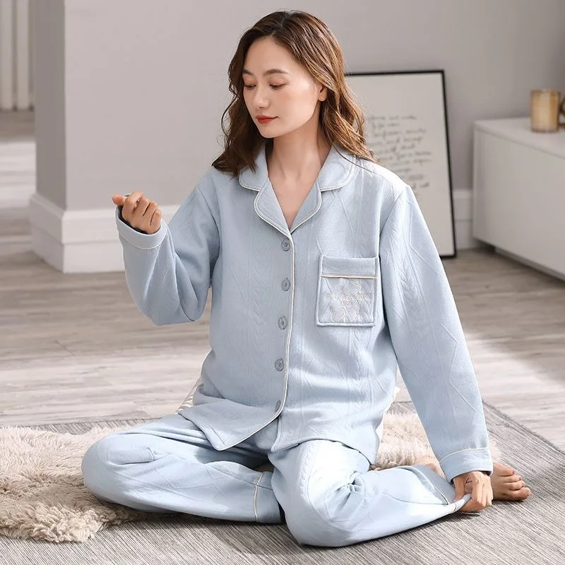 2023 New Autumn Winter Women's Pajamas Three Layers Pure Cotton Thickened Warm Air Cotton Interlayer Thin Cotton Set Homewear