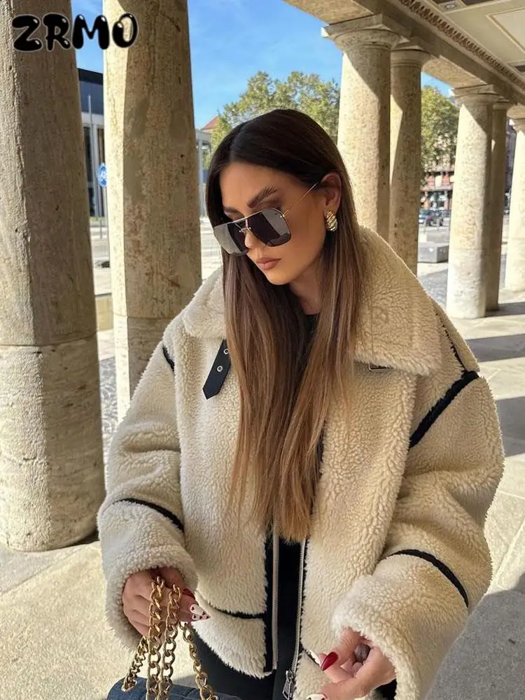 Fashion Patchwork Furry Jacket For Women Gentle Panelled Thick Warm Lambswool Fleece Coat New Fashion Zipper Pocket Lady Outwear 1