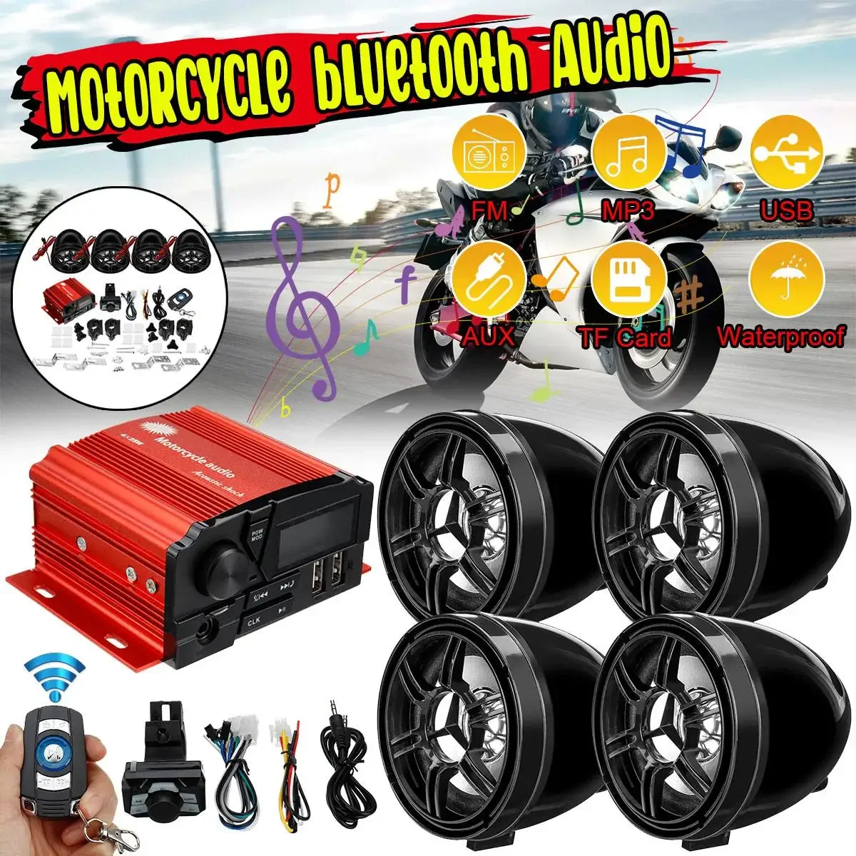 

Мотоциклетные водонепроницаемые Bluetooth-колонки, 4-канальный усилитель, SD-карта, USB-карта, FM, MP3-плеер, музыкальный звук, стереосистема AMP