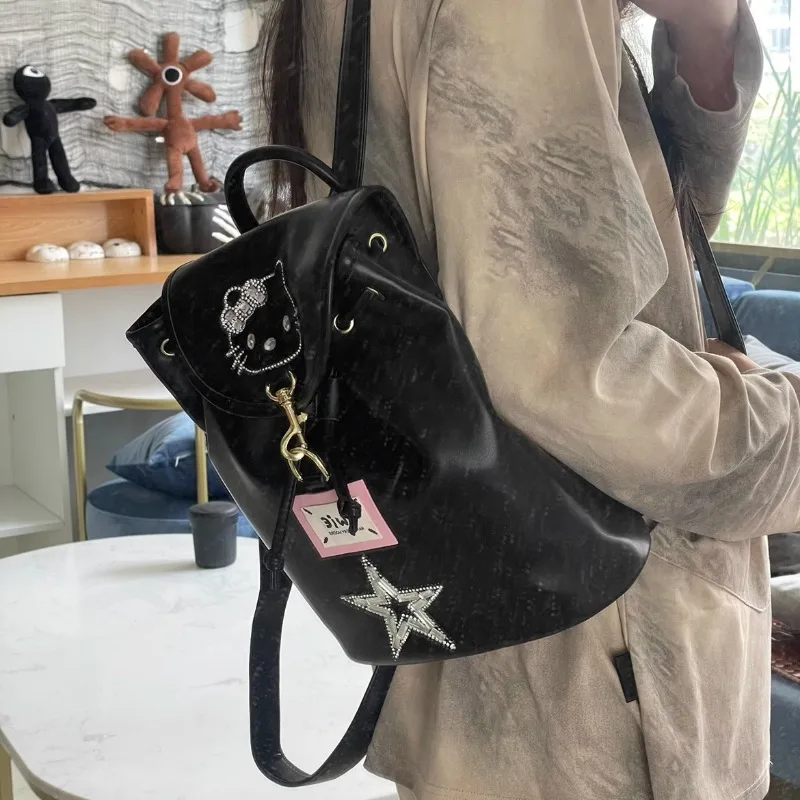 MBTI Y2k Hello Kitty Womens Backpack Vintage Black Pu Leather Fashion Casual Backpacks Patchwork Luxury Designer New Female Bag