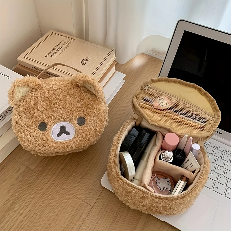 Plush Bear Makeup Bag Portable Cosmetic Organizer with 3D Embroidery Mesh Compartments Travel Toiletry Storage for Women