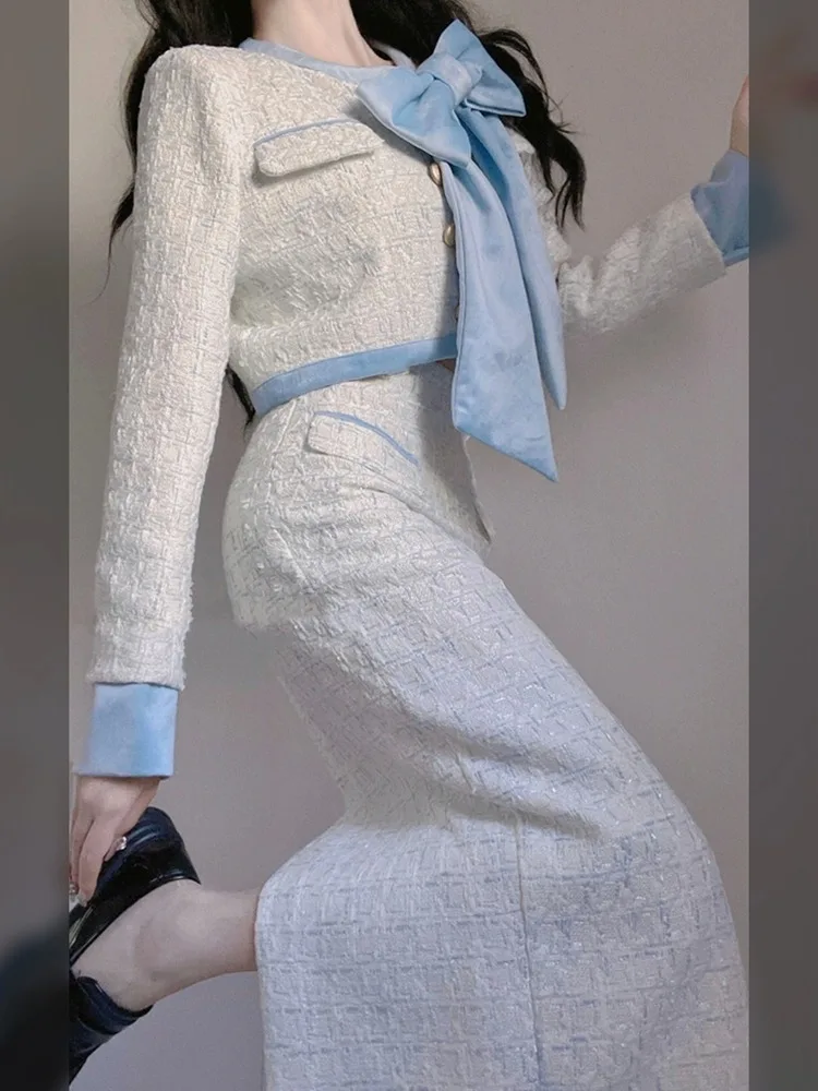 Conjunto de dos piezas elegante de moda coreana para otoño e invierno, chaqueta corta, abrigo, falda midi de cintura alta, conjuntos de lujo.