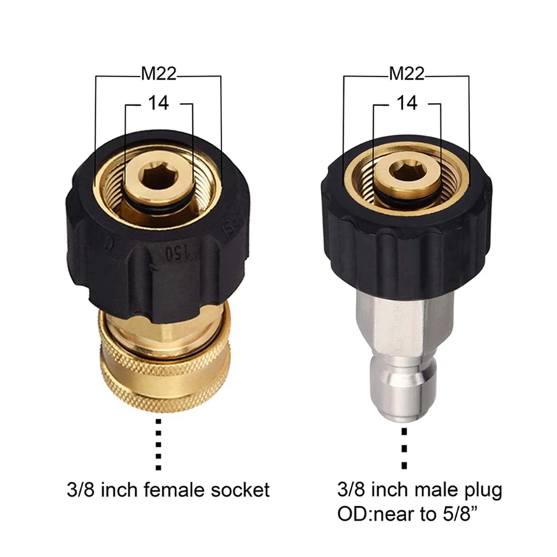High Pressure Washer Hose Adapter M22 14Mm To 3/8 Inch Quick Connect Quick Release Coupler Kit Male Plug Female Socket