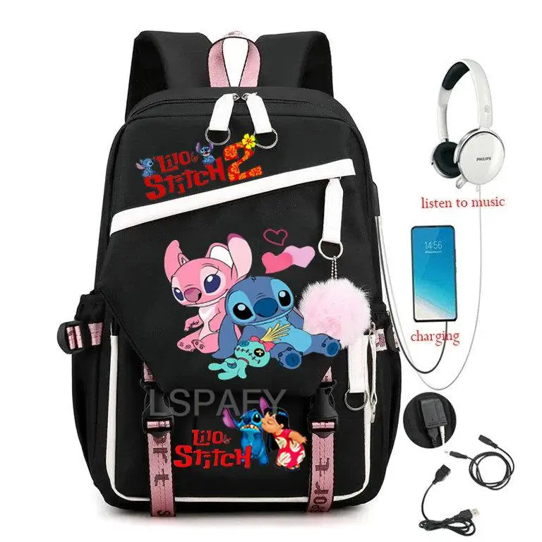 Lilo And Stitch Backpack Waterproof Boys Girls Bookbags Laptop Rucksack With USB School Backpack Capacity for Teens Mochilas