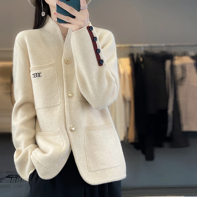 Autumn and Winter New 100% Pure Wool Cardigan Sweater Women\'s Knitted High Quality Standing Collar Women\'s Cashmere Coat Sweater