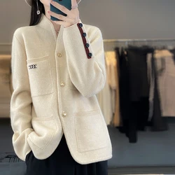 Autumn and Winter New 100% Pure Wool Cardigan Sweater Women's Knitted High Quality Standing Collar Women's Cashmere Coat Sweater