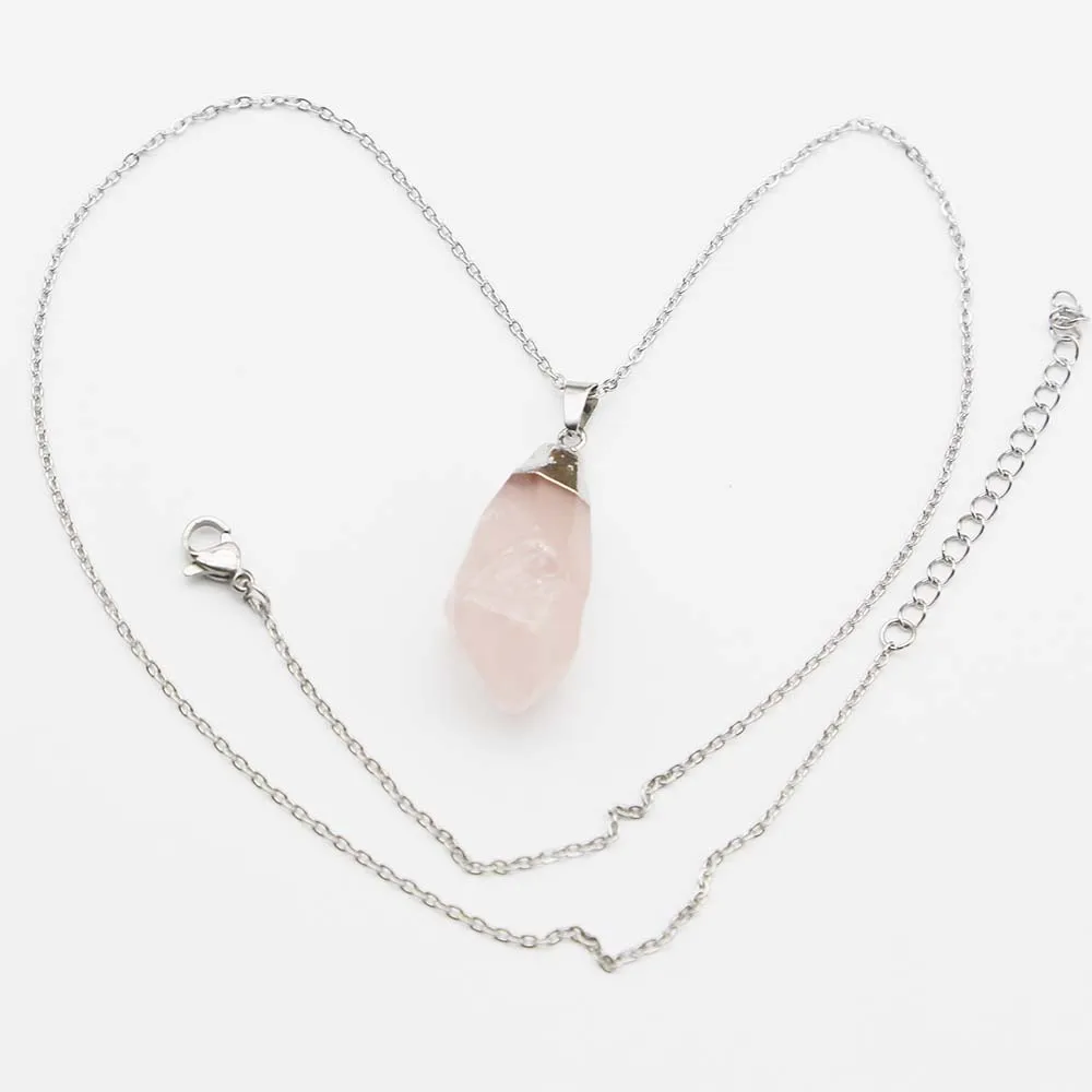 Natural Stone Irregular Rose Quartz Silver Plated Pendant Stainless Steel Chain Necklace Charm DIY Jewelry Accessories Gift 8Pcs