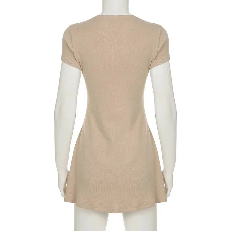 Elegant V-Neck Knitted Mini Dress for Women Summer 2025 Short Sleeve with Buttons High Elasticity Casual Style