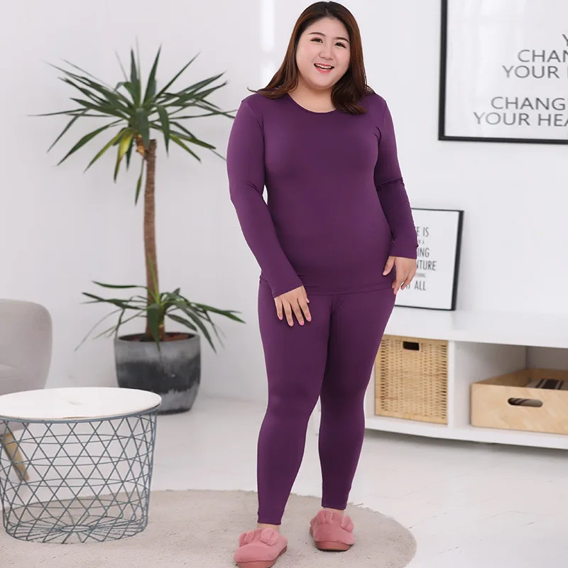 2pcs Warm Underwear For Women Shaped Sets Solid Color Thin Plush Plus Size O Neck Thermal Underwear High Quality Long Johns Warm