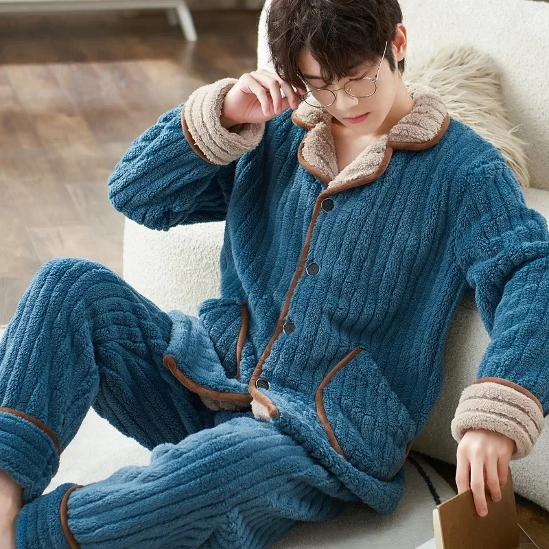 Autum Winter Men's Pajamas Oversized Plush Thickened Loungewear Flannel Homewear Coral Velvet Warm Sleepwear Set 2023 New