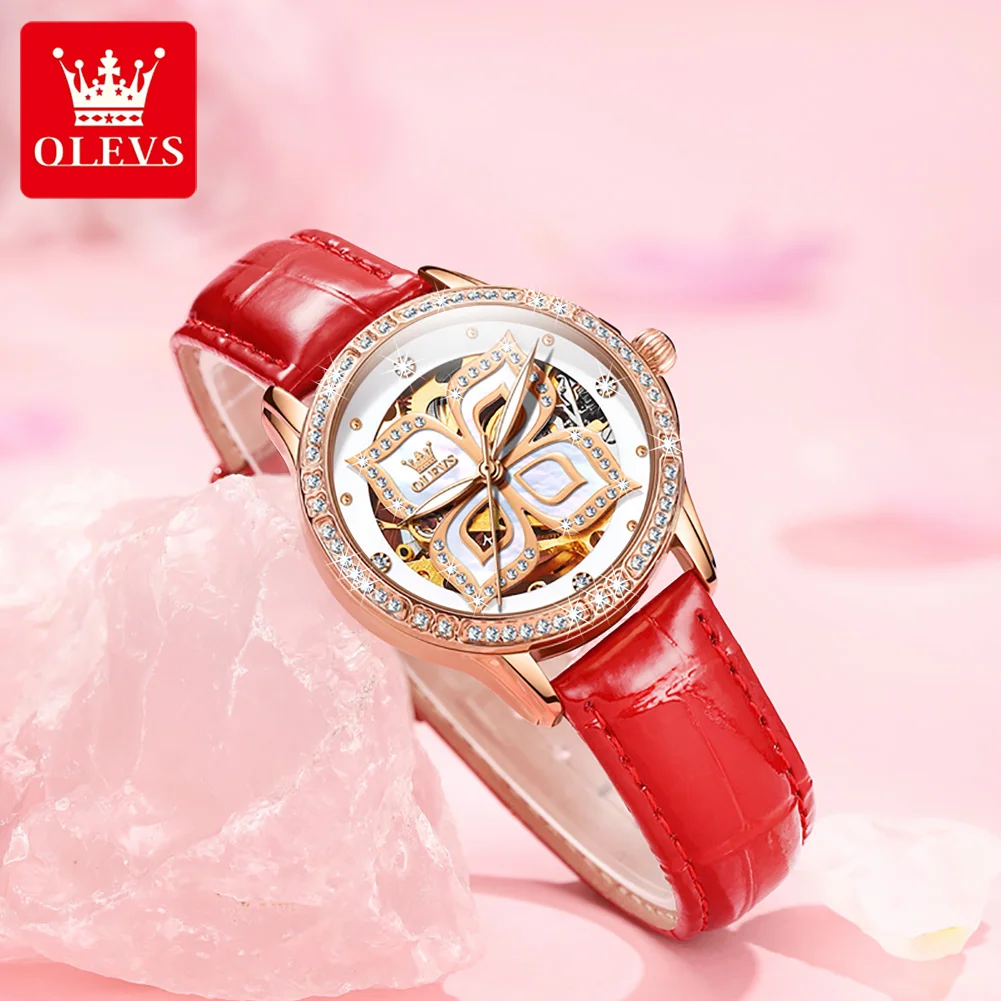 OLEVS 6612 Woman Automatic Watches Fashion Hollow Mechanical Watch For Women Ceramic Steel Strap Waterproof Ladies Wristwatch
