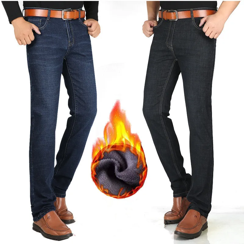Fleece Jeans For Men Winter Black Denim Tall 117CM Extra Long Plus Size 44 42 Slim Warm Straight Stretched Pants Large Trousers