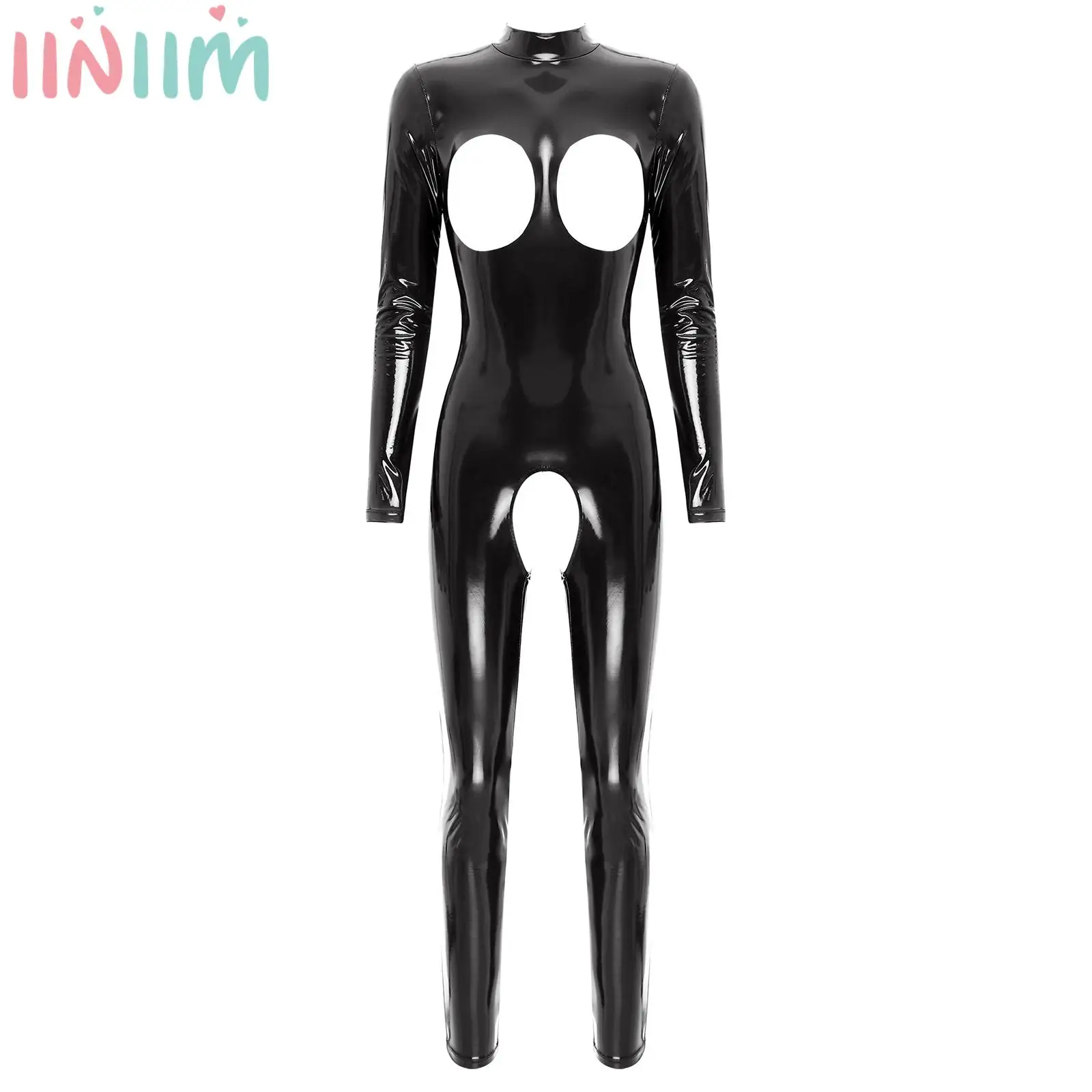 

Womens Sexy Hollow Out Crotchless Jumpsuit Nightclub Open Chest Long Sleeve Catsuit Mock Neck Zipper Patent Leather Bodysuit