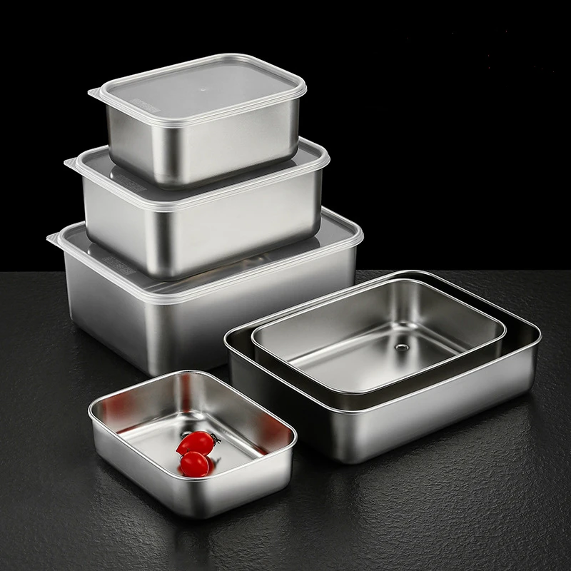 Stainless Steel Food Storage Trays with Cover Refrigerator Crisper Fruit  Sealed Pan Organizer Container Tableware Kitchen Plates