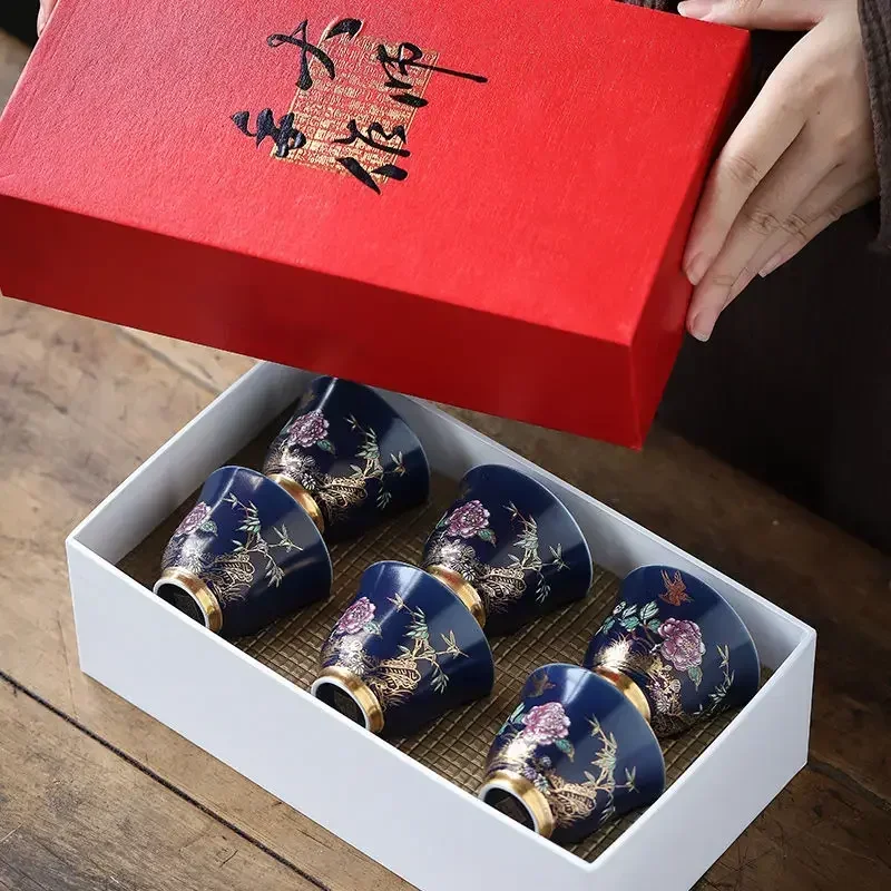 كوب شاي مزخرف بالذهب الأزرق السماوي المرسوم يدويًا...