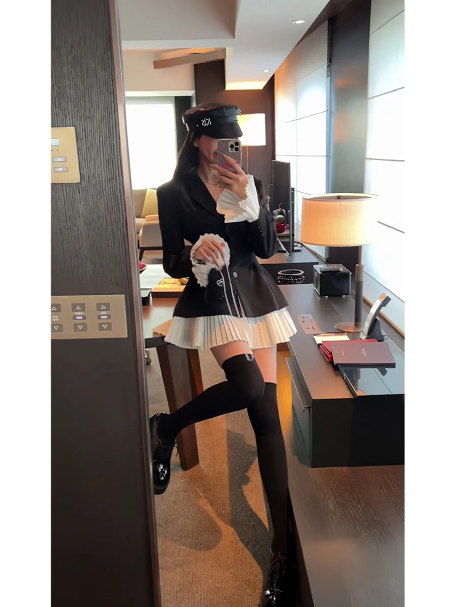 Elegant Patchwork Suit Dress Women Turn-down Collar Single Breasted Flare Sleeve Pleated Autumn Spring Korean Chic New Clothes
