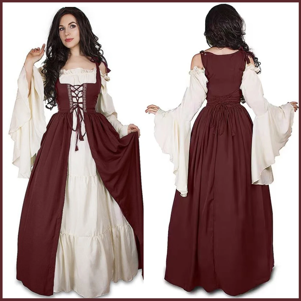 

New Medieval Vintage Halloween Costume for Woman Renaissance Palace Witch Dress Bell Sleeve Victorian Carnival Role Play Party