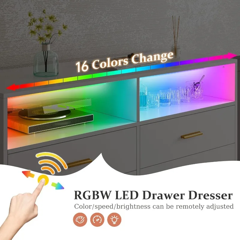 Dresser for Bedroom, White Dresser with LED, Chests of Drawers, 6 Drawers & 2 Shelves for Bedroom