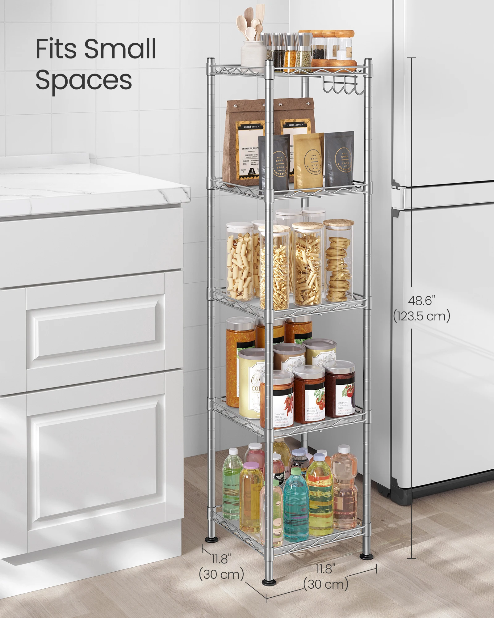 SONGMICS 5-Tier Bathroom Shelf, Storage Rack for Small Space, with 5 PP Shelf Liners, Removable Hook, Extendable Design 3