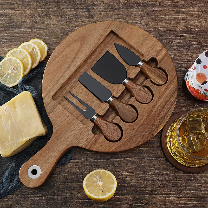 Cross border Wooden Board Steak Cutting Board Wooden Cheese Cheese Board Set with Stainless Steel Cheese Knife 4-piece Set