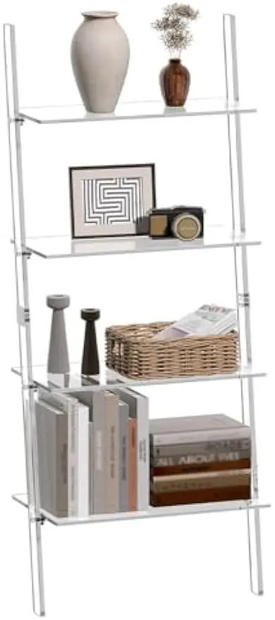 

Acrylic Ladder Bookshelf, 4-Tier Clear Bookcase with Open Shelves, Multipurpose Leaning Book Shelf for Living Room, Bathroom